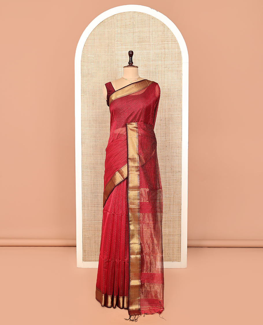 Red Maheshwari Cotton Saree, Enriched with Micro-Checked Design All Over Its Body, Highlighted by Traditional Zari Border, Pallu Steeped with Floral Designs, and Paired with a Matching Blouse