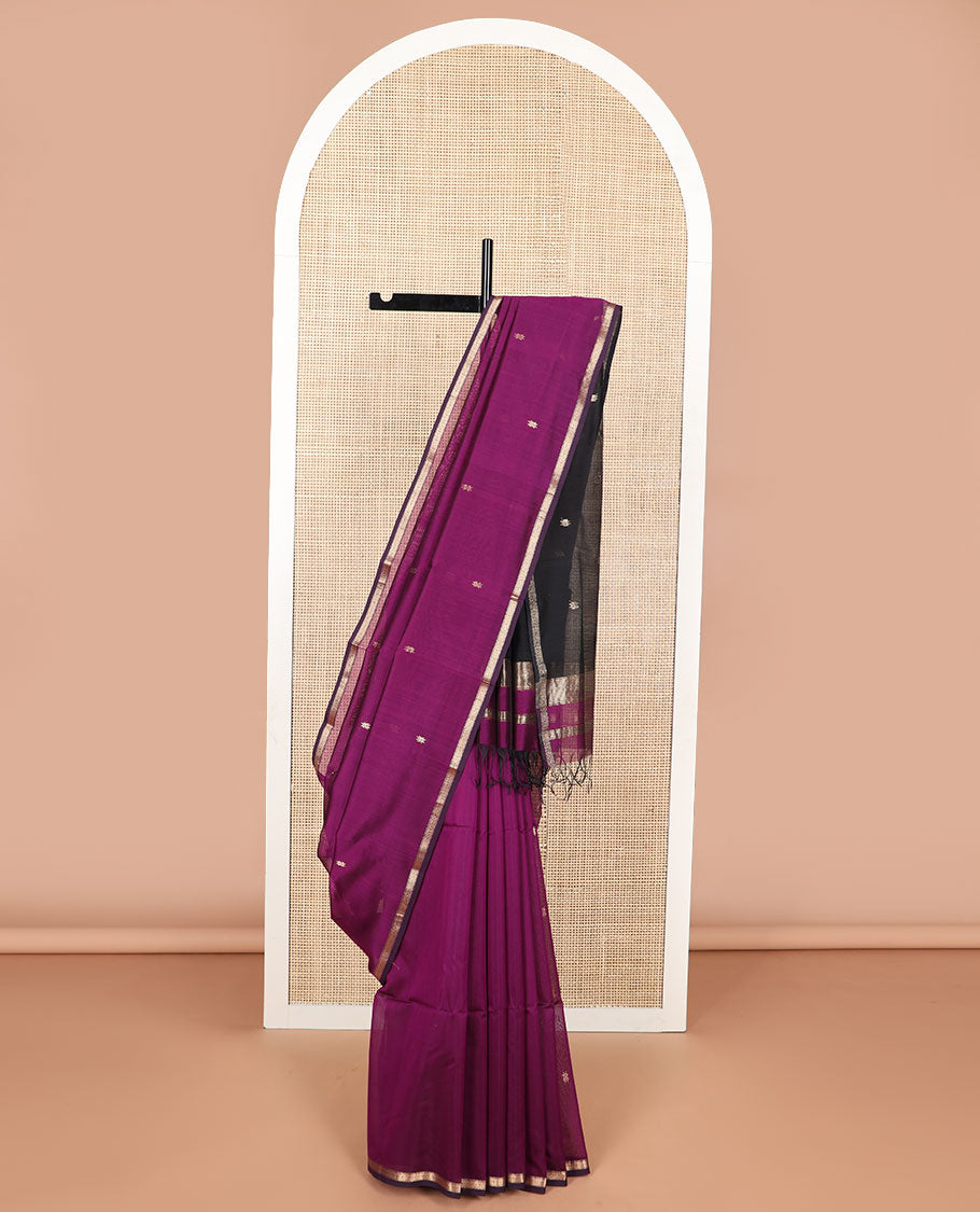 Purple motifs maheswari cotton saree with contrast zari border & floral design pallu