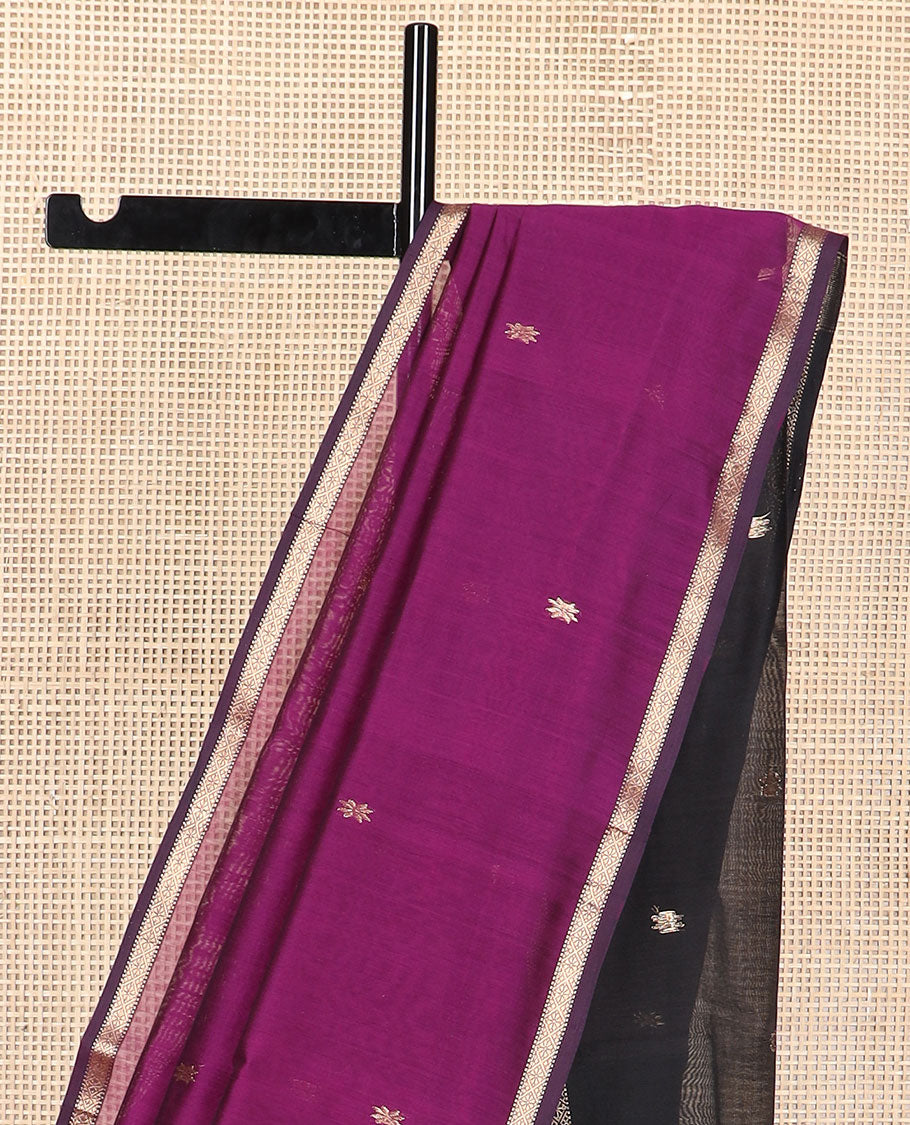 Purple motifs maheswari cotton saree with contrast zari border & floral design pallu