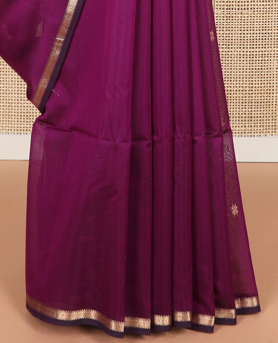 Purple motifs maheswari cotton saree with contrast zari border & floral design pallu