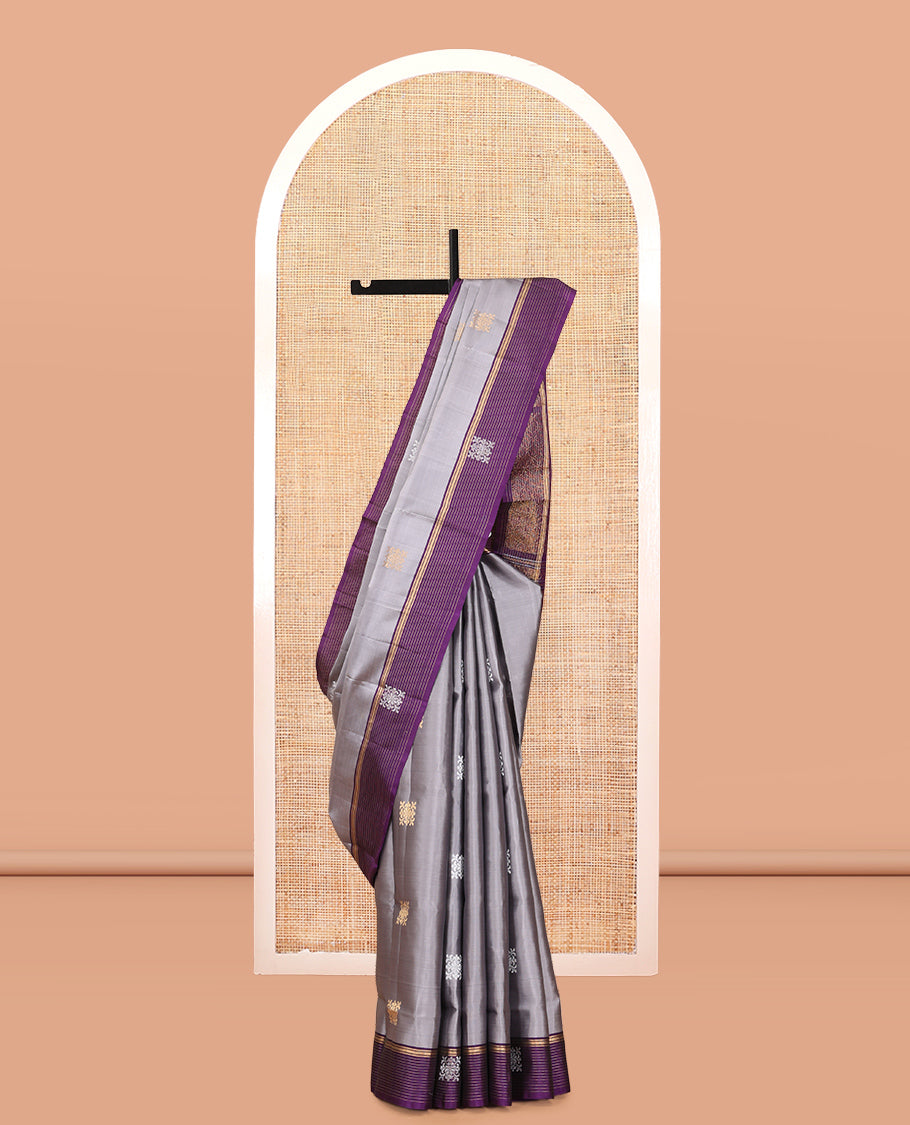 Grey Mayuri Lite Silk Mix Saree, Embellished with Zari Buttas, Complemented By Contrast Zari Striped Border, a Grand Geometric Pallu, and a Contrast Blouse