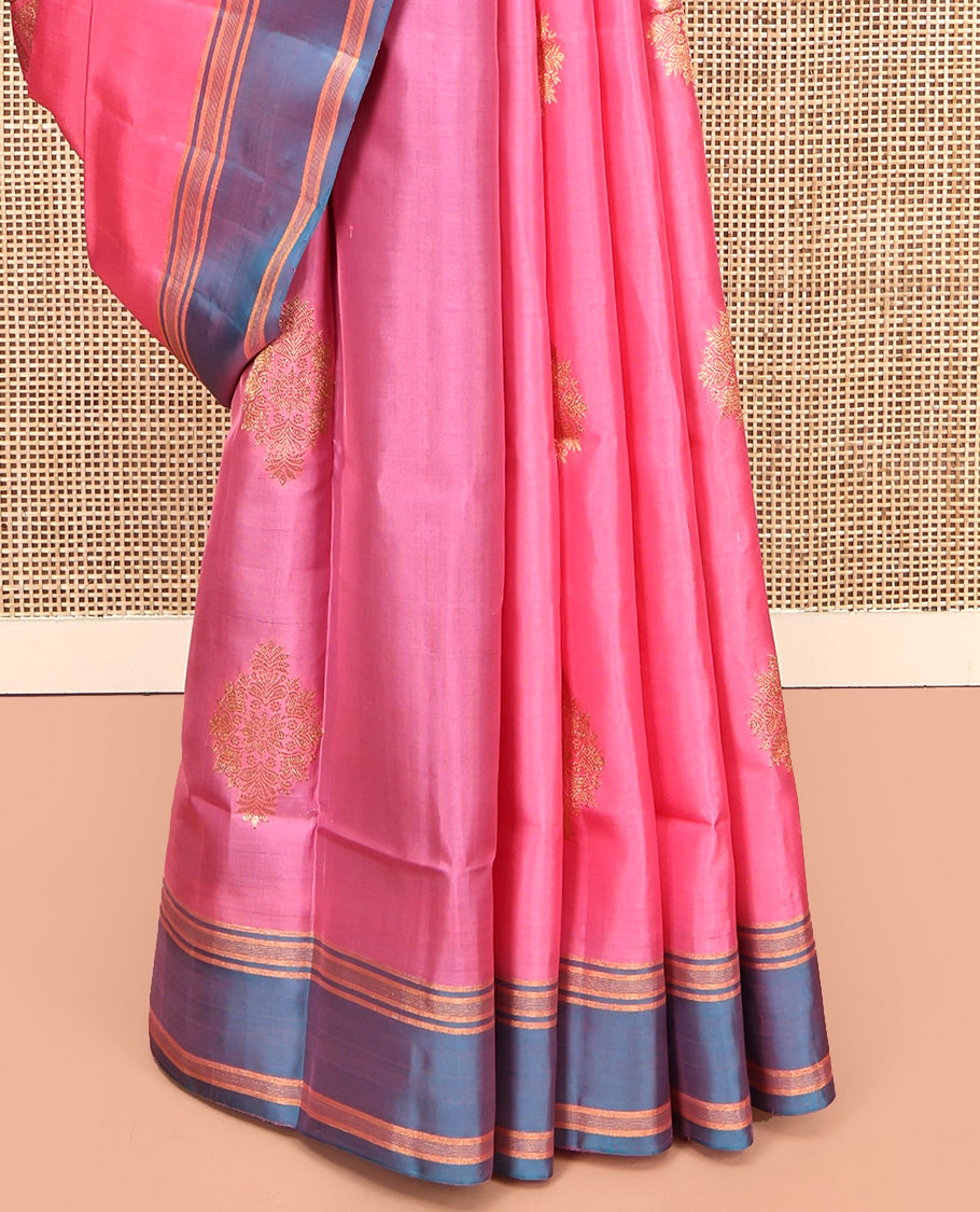 Pink Mayuri Lite Silk Mix Saree, Masterfully Woven with Zari Buttas All Over Its Body, Complemented by a Contrast Border, Pallu of Intricate Zari Designs, and Paired with a Contrast Blouse
