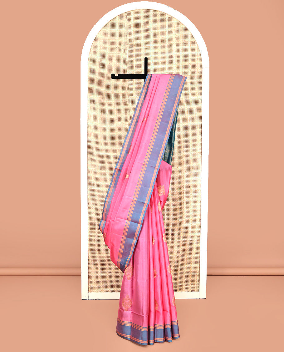Pink Mayuri Lite Silk Mix Saree, Masterfully Woven with Zari Buttas All Over Its Body, Complemented by a Contrast Border, Pallu of Intricate Zari Designs, and Paired with a Contrast Blouse