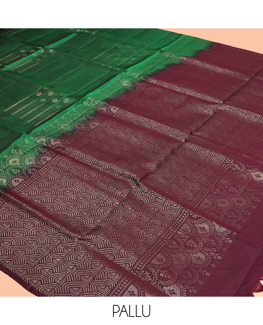 Borderless Green Mayuri Lite Silk Mix Saree, Impeccably Styled with Zari Buttas, Contrast Pallu of Intricate Designs, and a Contrast Blouse