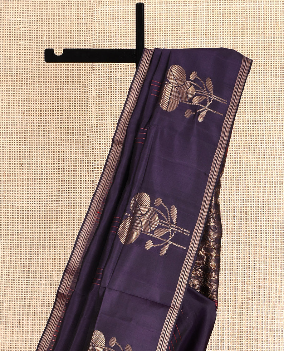 Purple Mayuri Soft Silk Saree, Masterfully Woven with Floral Buttas and Stripes, a Piping Border, Pallu of Floral Designs, and a Matching Blouse