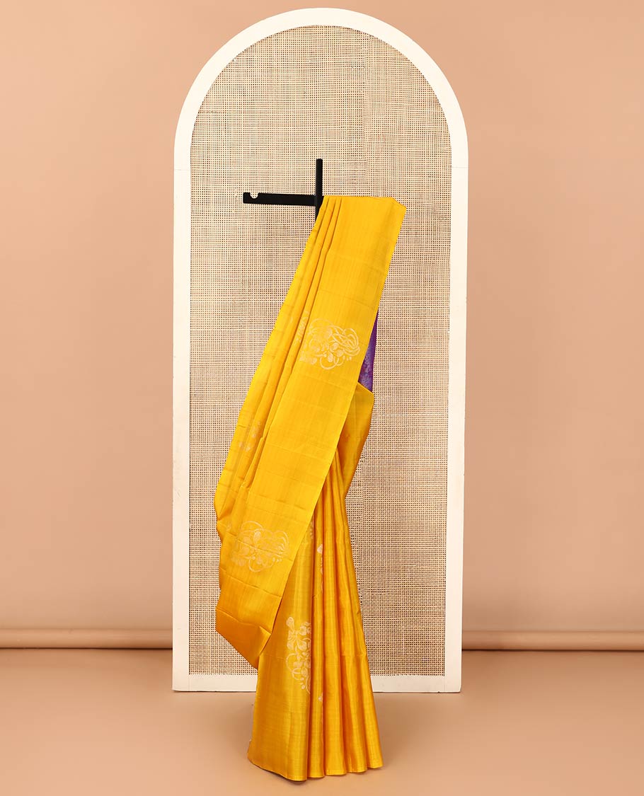 Borderless mango yellow floral buttas woven soft silk saree, contrast pallu of floral and chevron designs