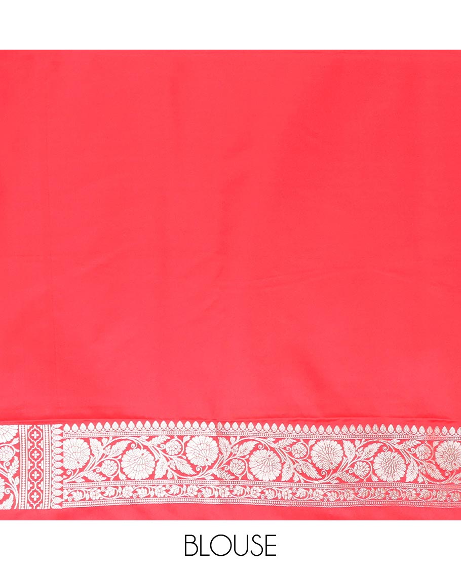 Red buttas mushru silk saree, traditional border of floral creeper designs, and zari-rich jaal pallu