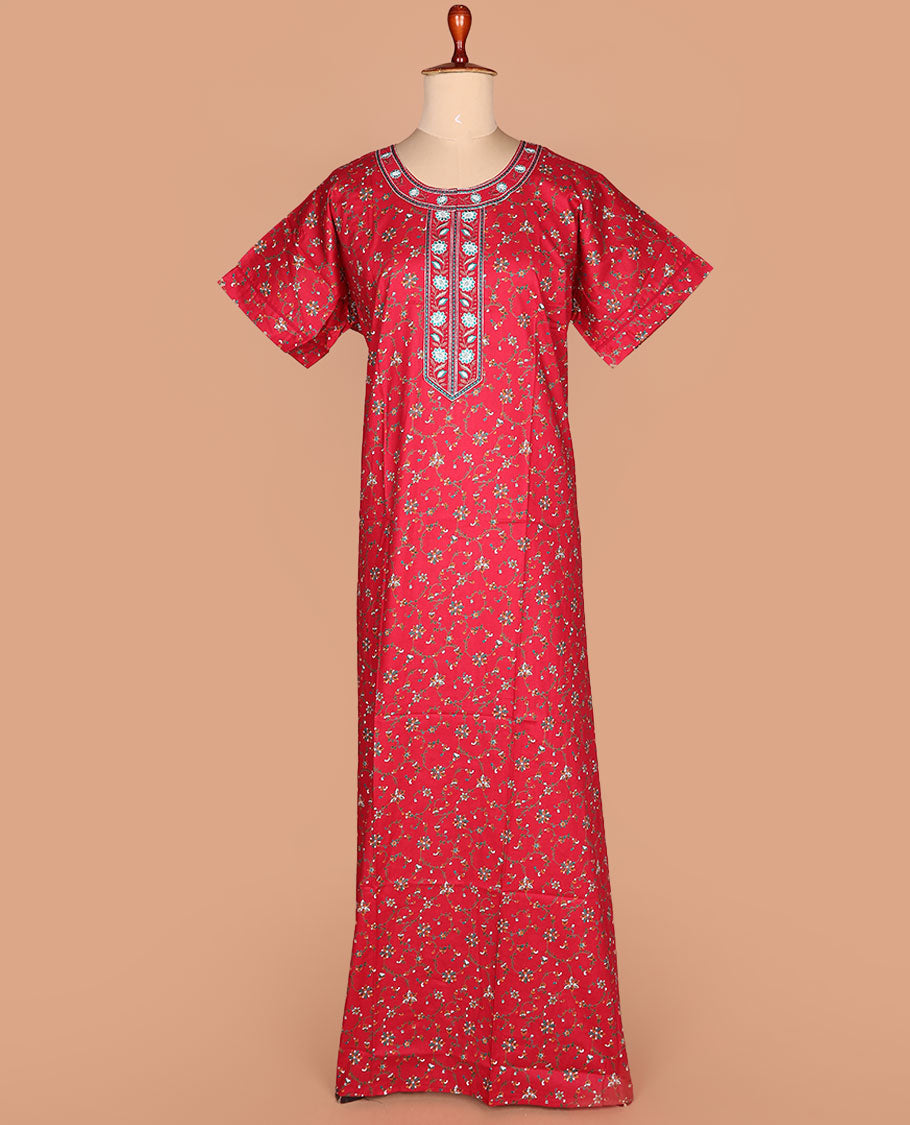 Red floral vine printed with round neck embroidered half-sleeve nighty