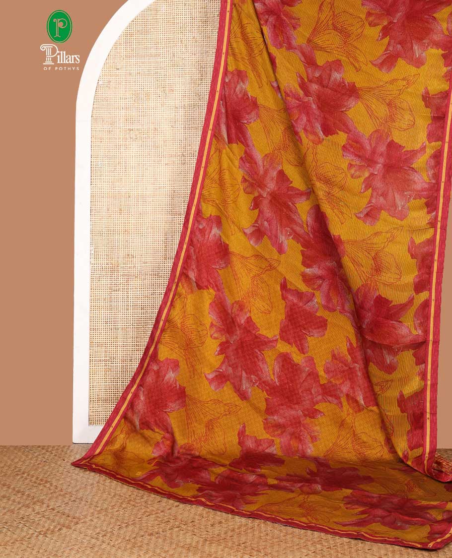 Mustard digital print chiffon shimmer saree with lace border & self pallu along with printed blouse
