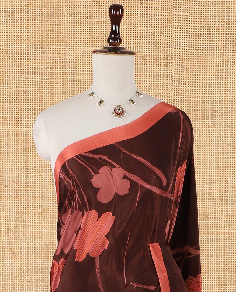 Dark purple floral & stripes printed turkey crepe saree, contrast plain border & pallu of geometric & floral print