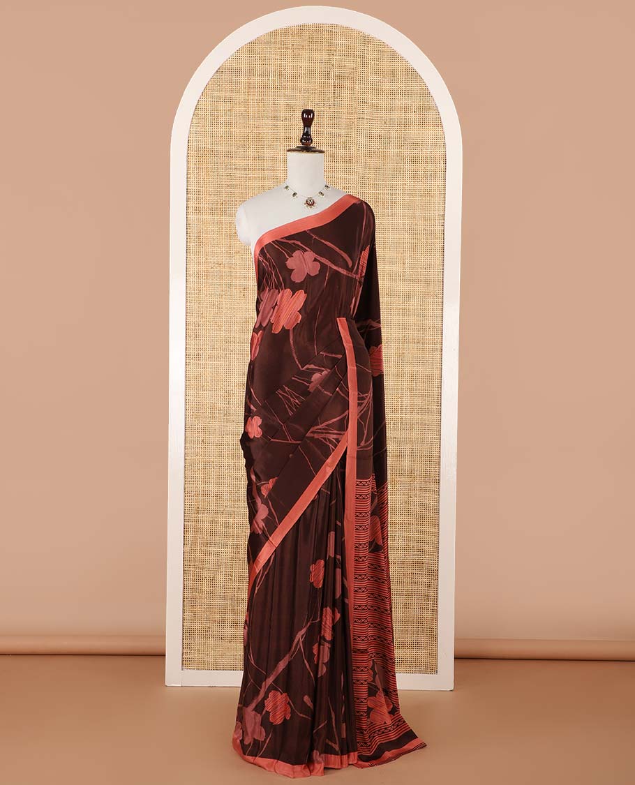 Dark purple floral & stripes printed turkey crepe saree, contrast plain border & pallu of geometric & floral print