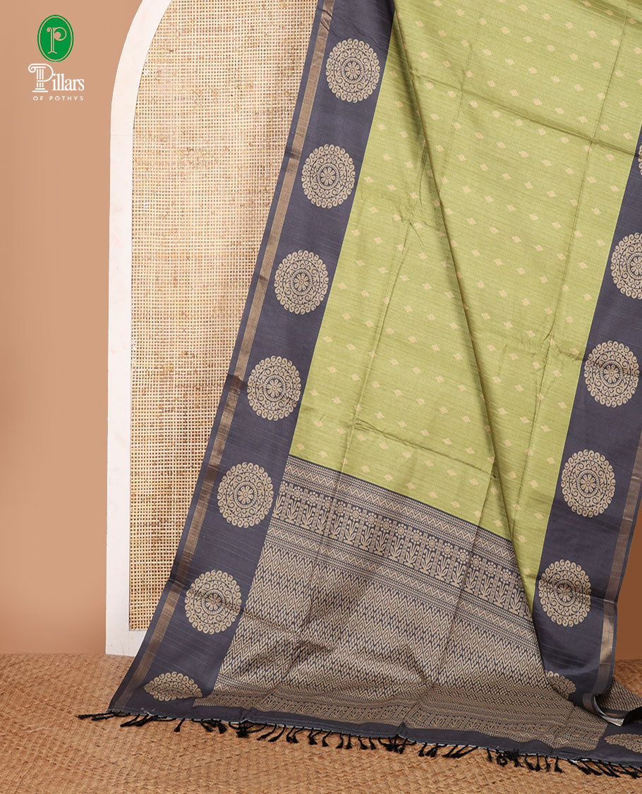 Olive Green stripes & thread buttas Kathan silk saree, contrast chakram motif border, jaal print pallu & contrast jaal print blouse