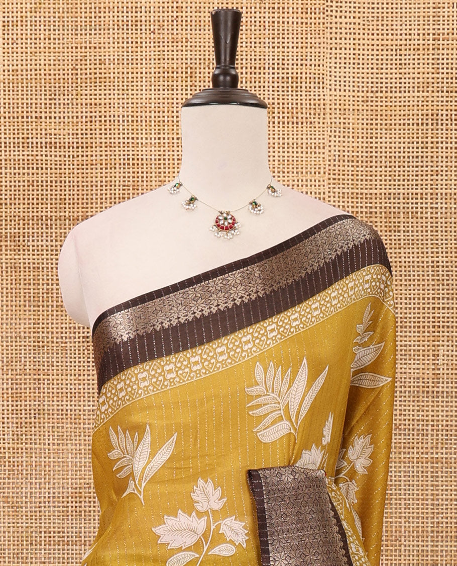 Mustard zari striped & floral printed dola silk saree,contrast zari design border,floral-paisley print pallu, printed-zari-work blouse