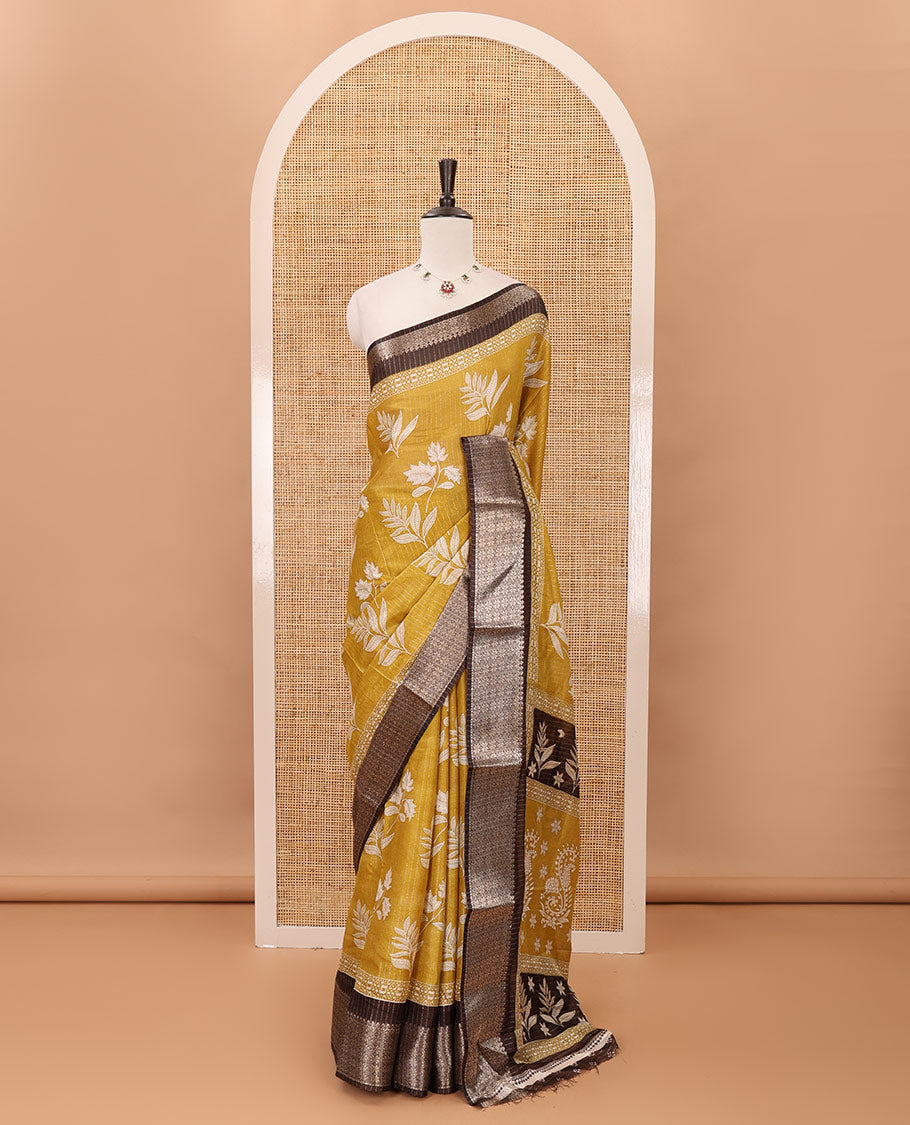 Mustard zari striped & floral printed dola silk saree,contrast zari design border,floral-paisley print pallu, printed-zari-work blouse