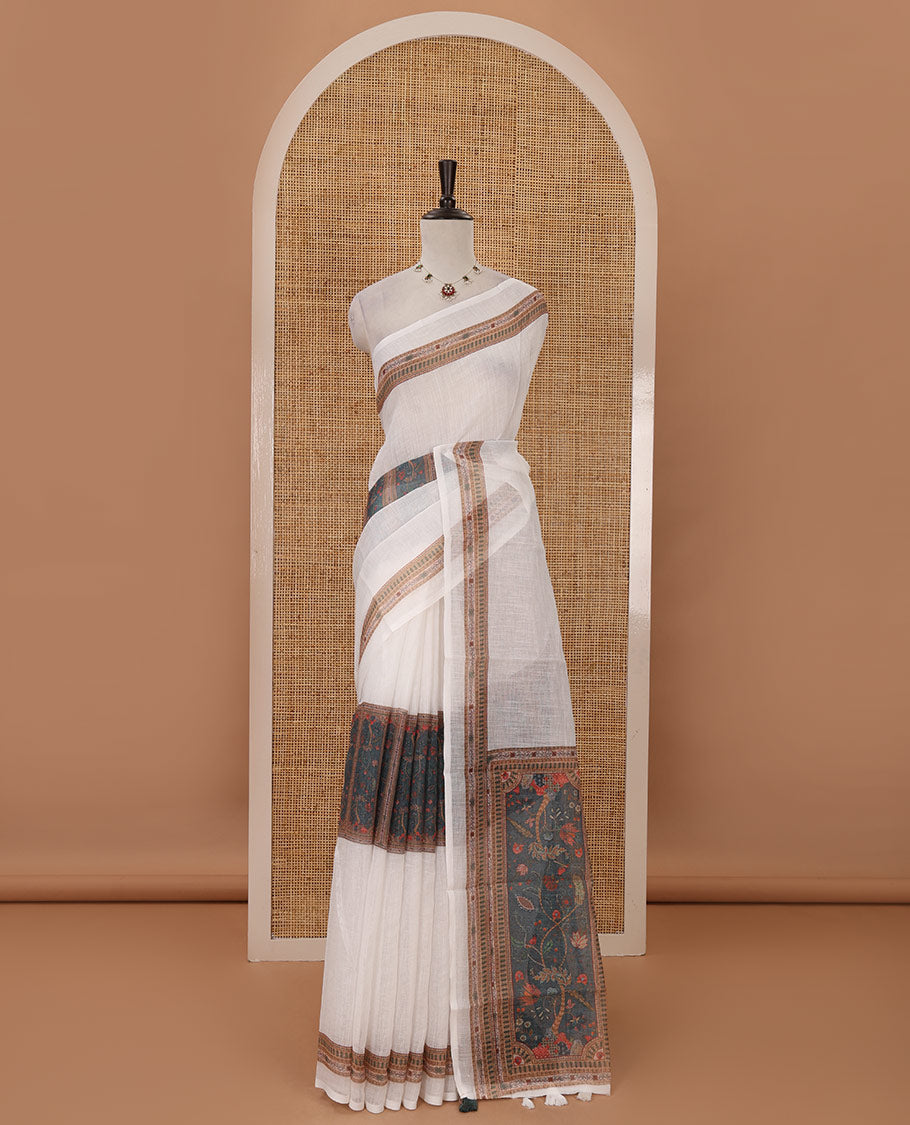 White half-plain & half-printed body linen cotton saree, geometric-patterned border, intricately printed brown pallu & ogee patterns printed blouse