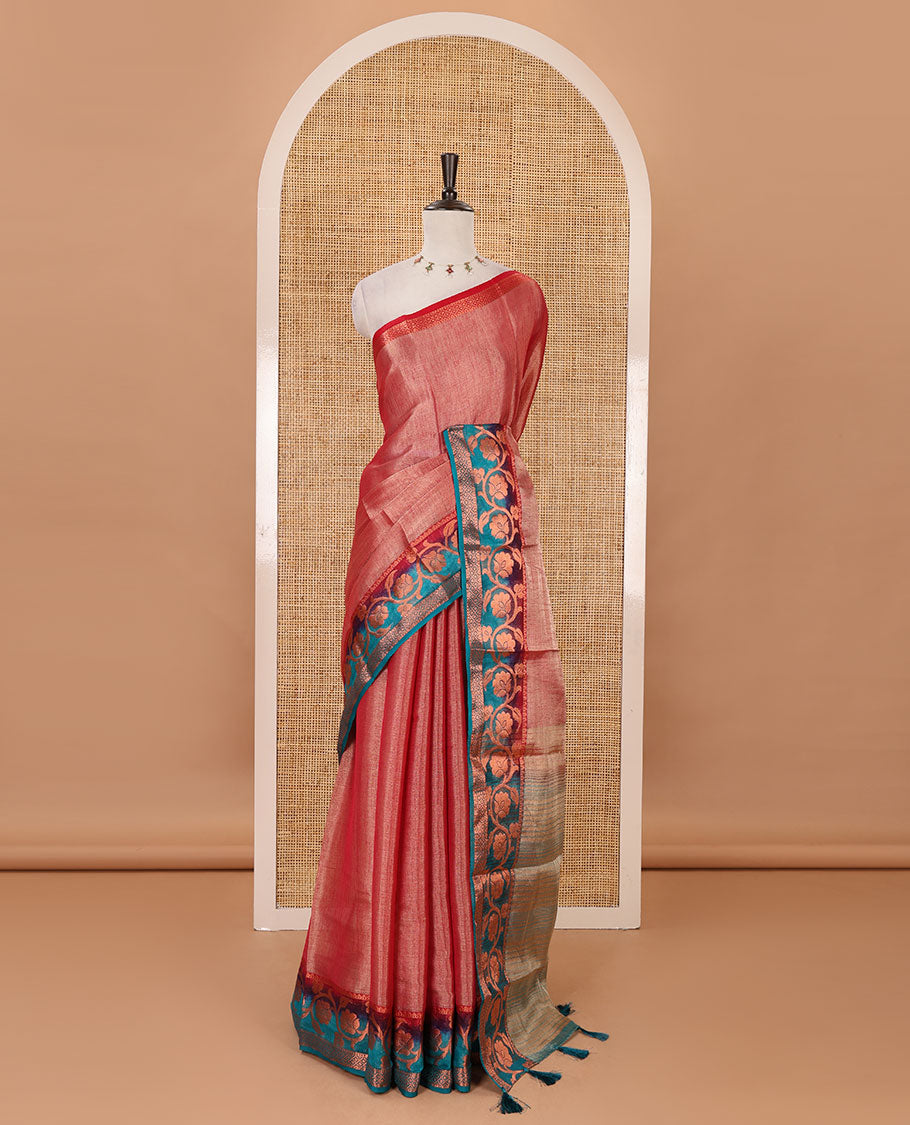 Pink plain tissue saree, contrast floral creeper & diamond patterned zari border, striped pallu & contrast plain blouse