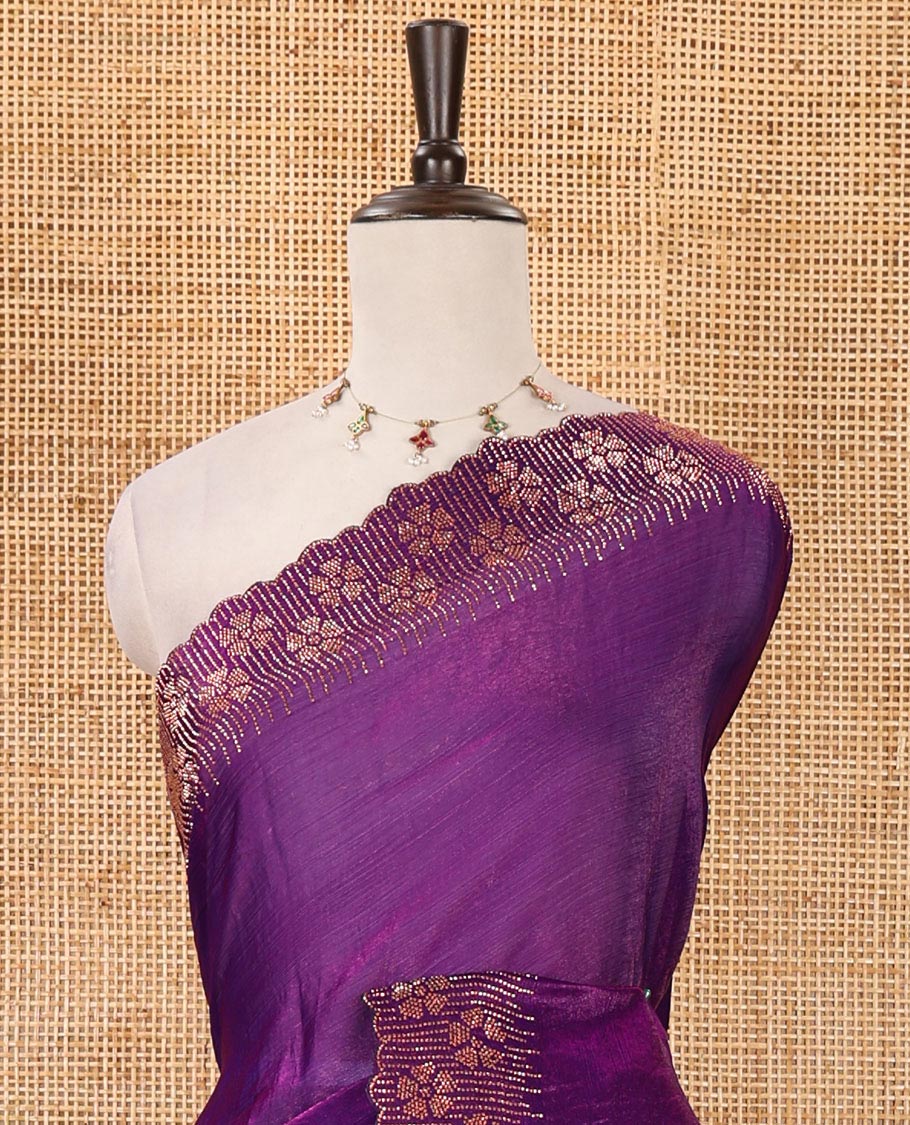 Violet full-plain Fendy satin saree, scallop floral micro-stone embroidered border, self-pallu & contrast stone work blouse
