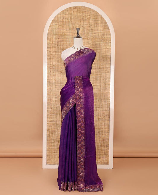 Violet full-plain Fendy satin saree, scallop floral micro-stone embroidered border, self-pallu & contrast stone work blouse