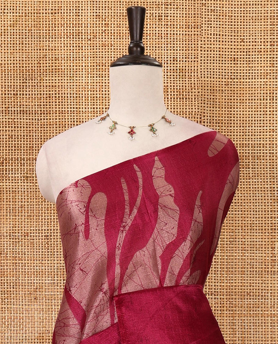 Borderless red batik-style abstract vines printed khadi cotton saree, matching plain blouse