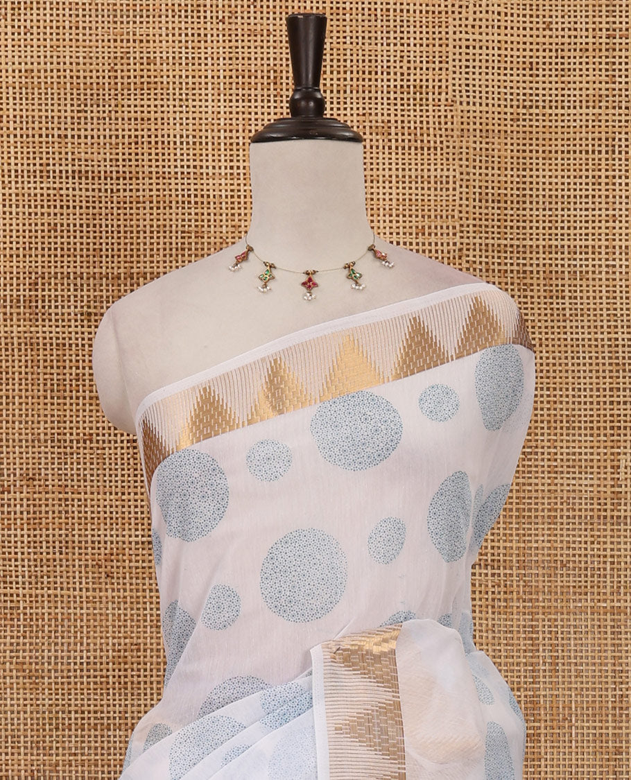 White-blue circular motifs printed mercerised cotton saree, temple zari border, circular motifs printed pallu & matching zari border blouse