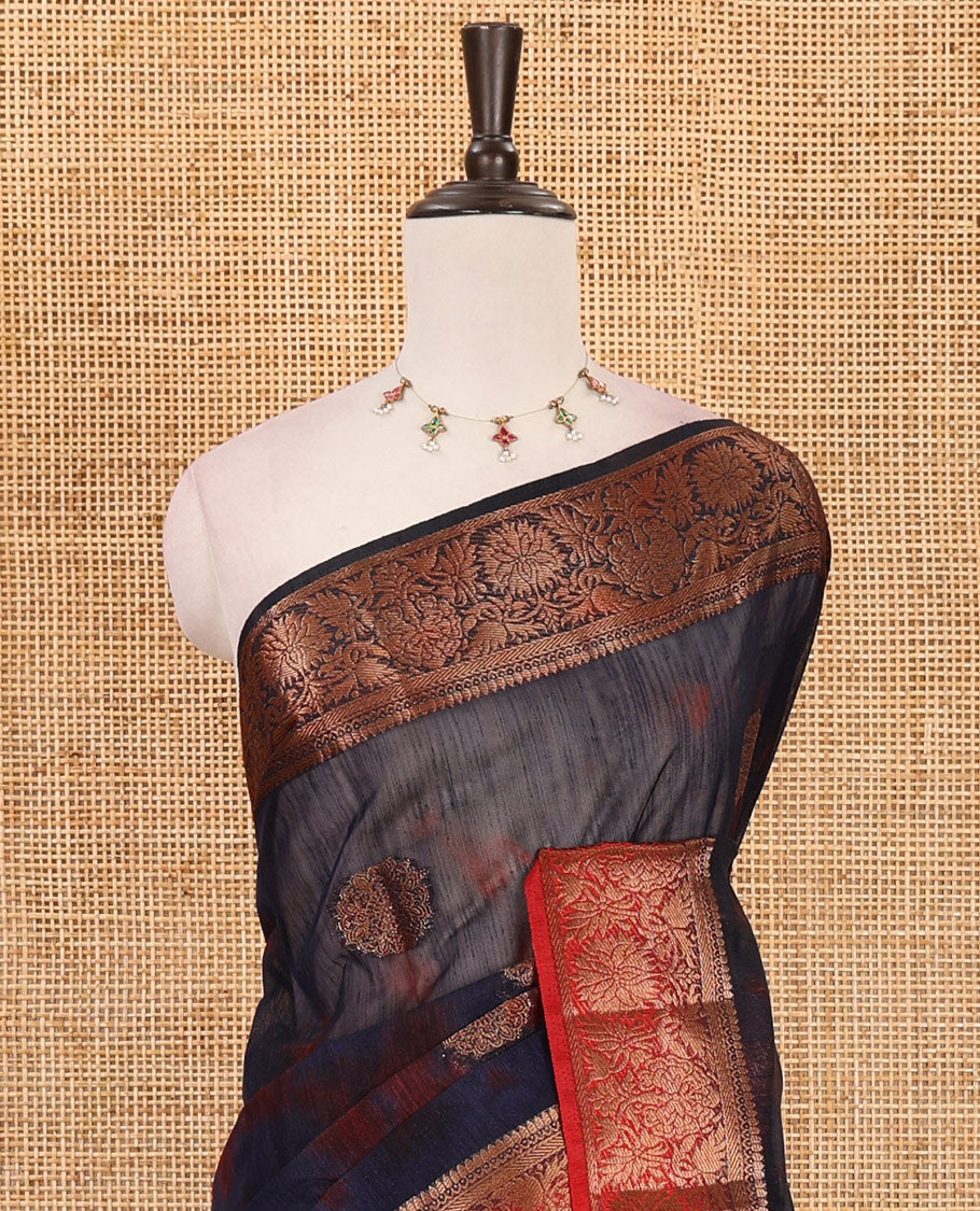 Nevy blue all over zari butta with shibori-style printed jute cotton saree, contrast zari border, zari line weaving pallu & contrast blouse