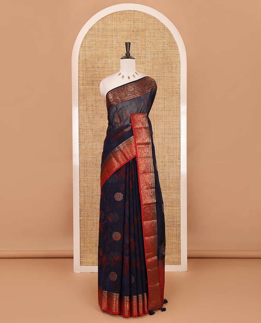 Nevy blue all over zari butta with shibori-style printed jute cotton saree, contrast zari border, zari line weaving pallu & contrast blouse