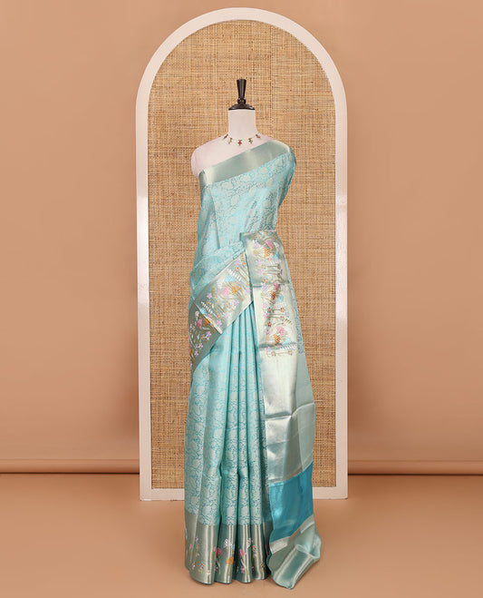 Sea green floral jaal jacquard celebrity tissue saree, zari border of multi-color floral motifs embroidery, jaal pallu & brocade blouse