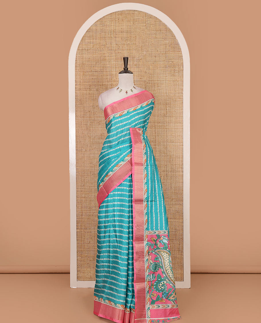 Rama green shibori-style printed soft-tussar saree, contrast zari border, kalamkari peacock printed pallu & kalamkari floral vine print contrast blouse