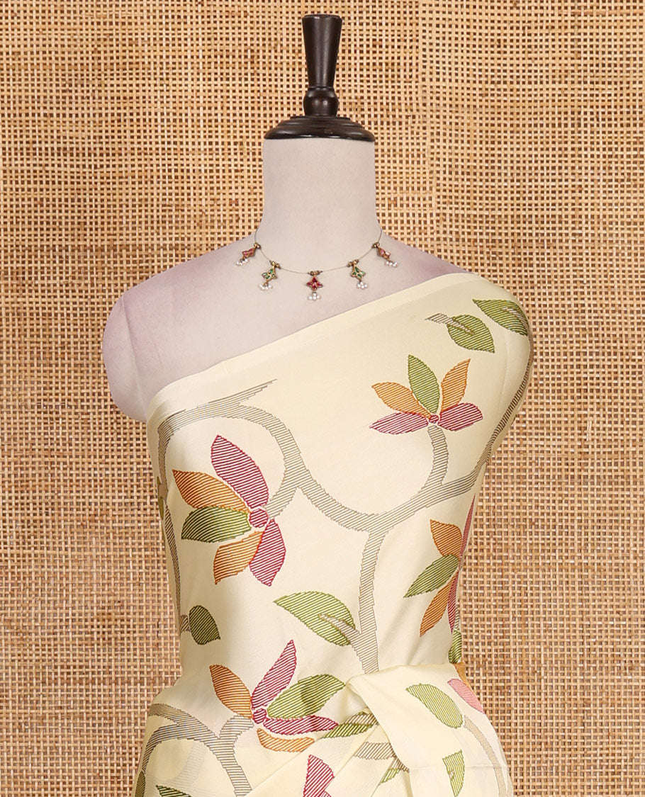 Borderless cream jamdani weaving design gajji silk saree and jamdani design self pallu along with printed blouse