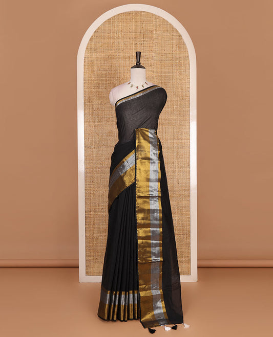 Inky black plain khadi mul cotton saree, contrast silver and golden bavanji border and matching zari border blouse