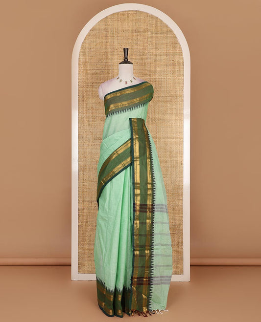 Green plain Chettinad cotton saree, contrast  traditional zari rettai pettu temple border, striped pallu and plain blouse