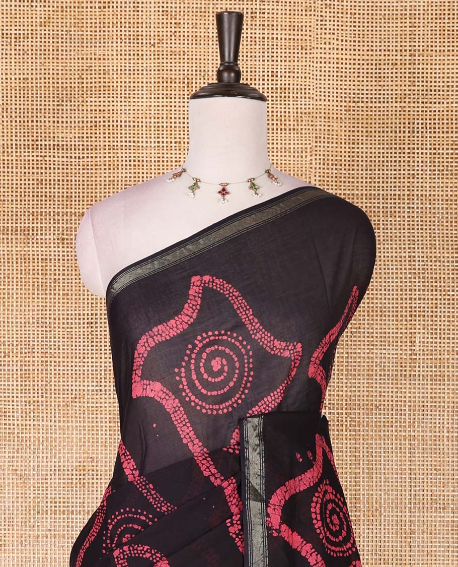 Ink blue batik geometric printed pure cotton saree, zari piping border, human figurines batik printed pallu, and a matching batik printed blouse