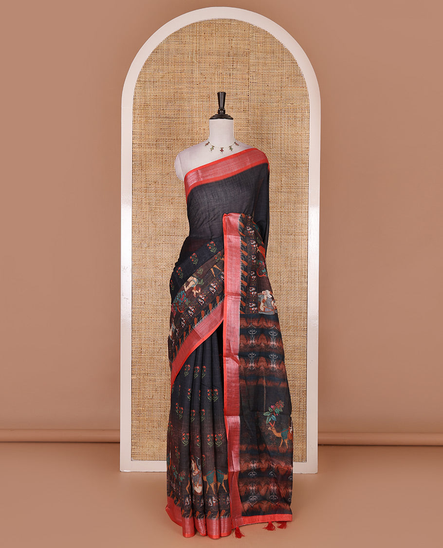 Black floral and human figurines printed linen cotton saree, contrast plain bavanji border, printed pallu, and contrast plain blouse