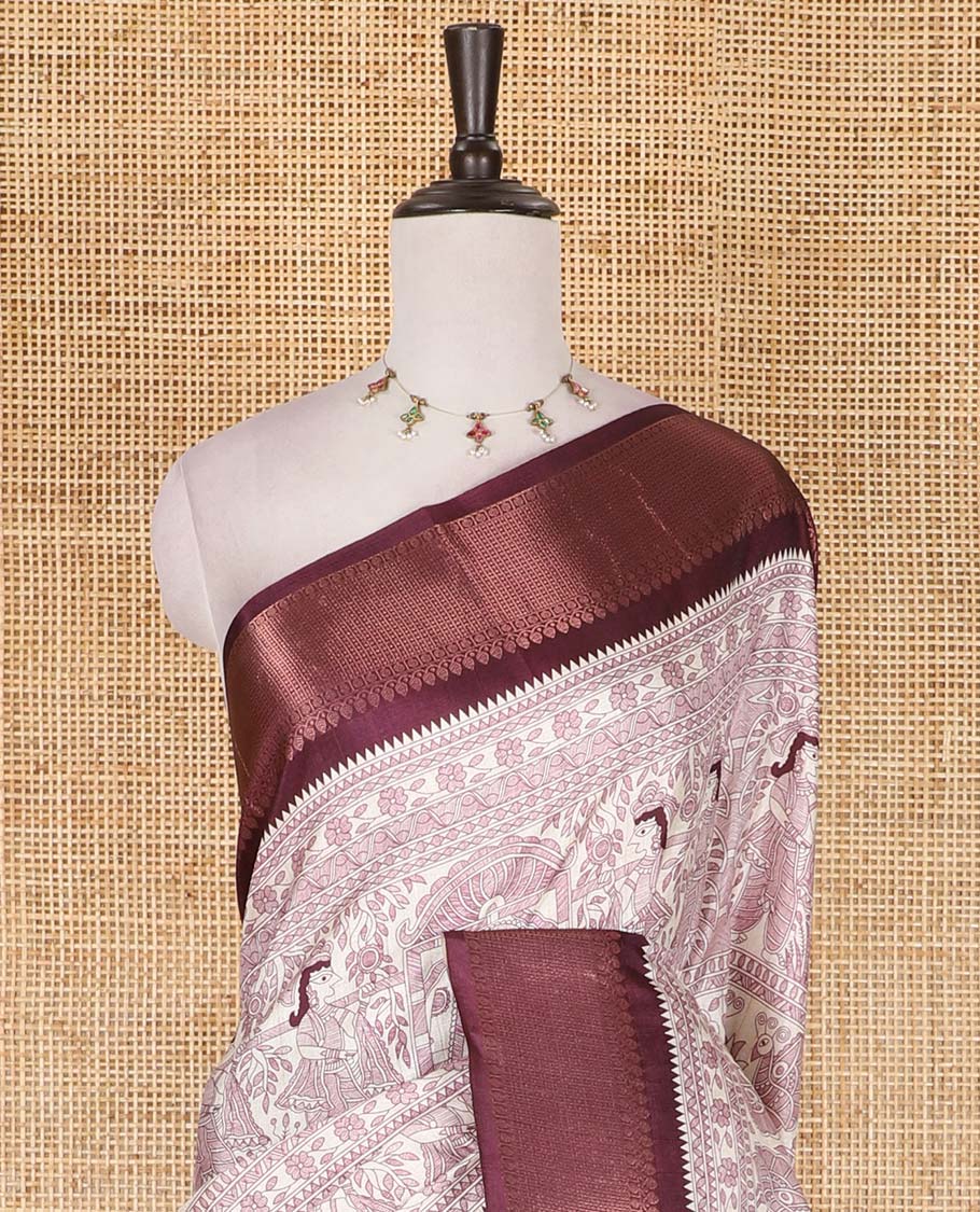 Cream and wine Madhubani village theme characters printed soft tussar saree, contrast traditional zari border, Madhubani printed pallu, and a matching blouse