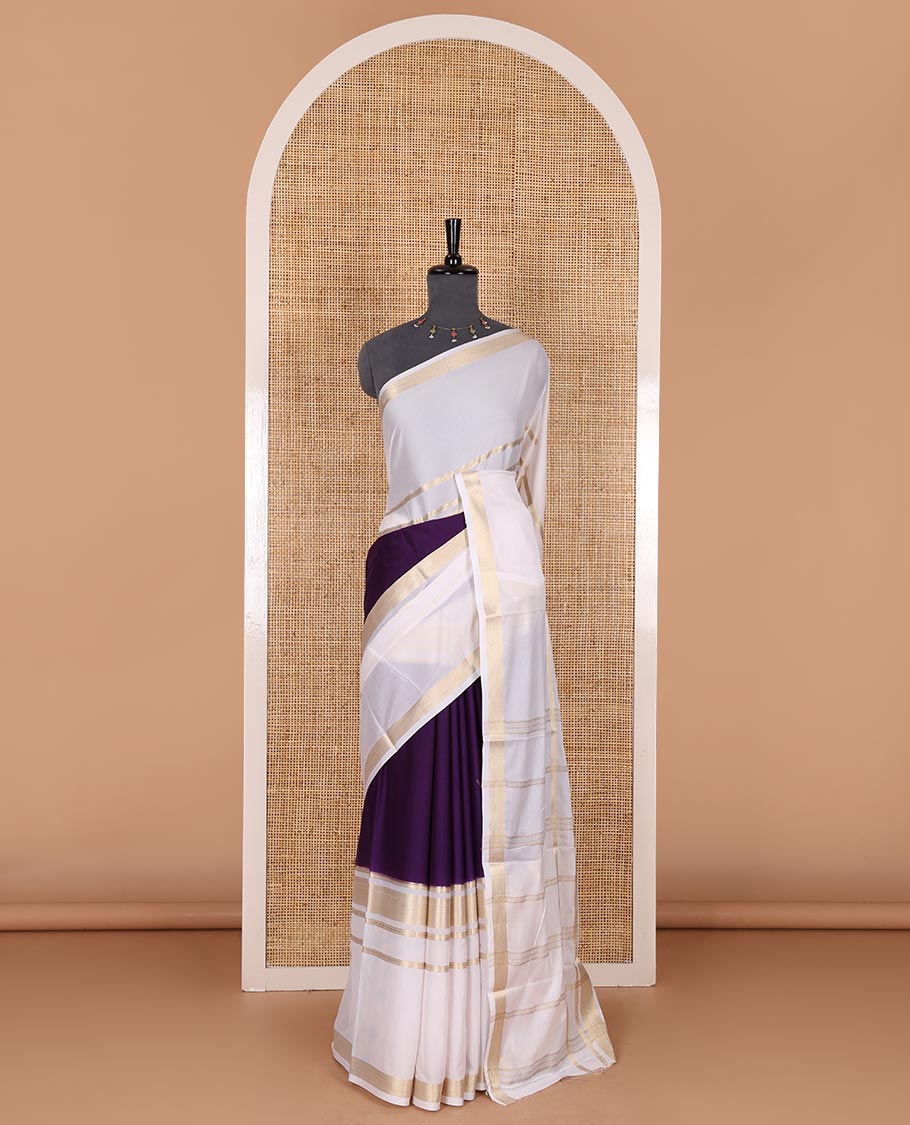 Dark violet plain Art Mysore silk saree, contrast traditional zari big border, zari striped pallu, and a matching zari design blouse