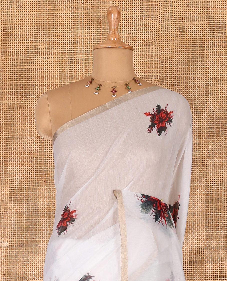 White Christmas poinsettia wreath motifs digital printed Chanderi cotton saree, piping zari border, wreath printed pallu, and a matching wreath printed blouse