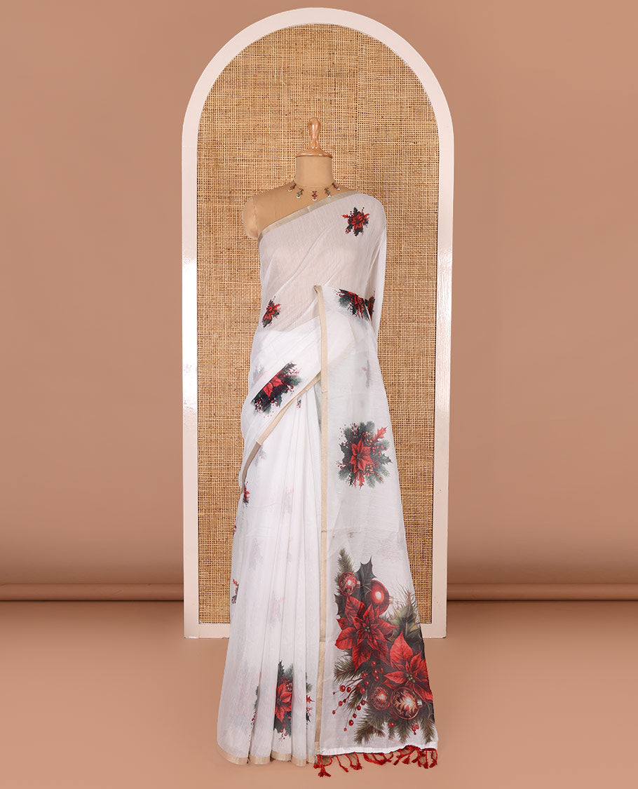 White Christmas poinsettia wreath motifs digital printed Chanderi cotton saree, piping zari border, wreath printed pallu, and a matching wreath printed blouse