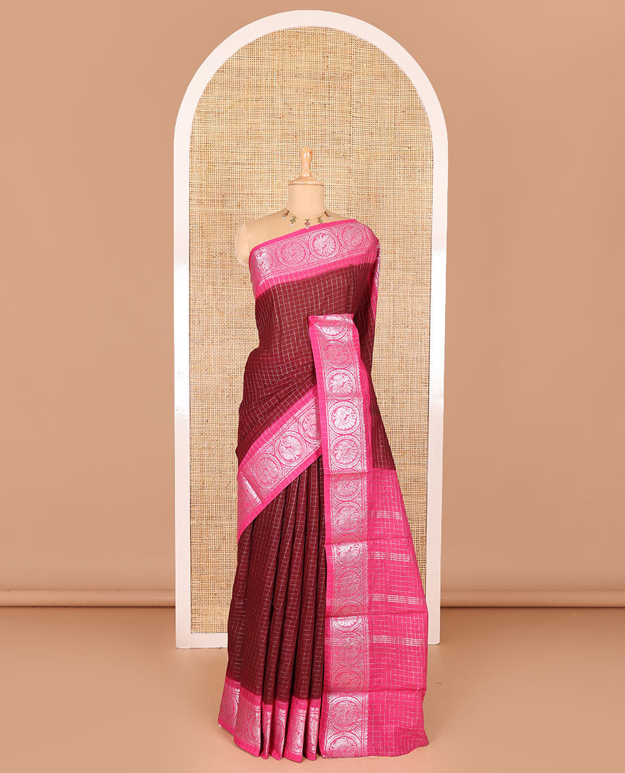 Maroon and pink checked sungudi cotton saree, contrast silver zari round peacock border, striped pallu, and a contrast checked blouse