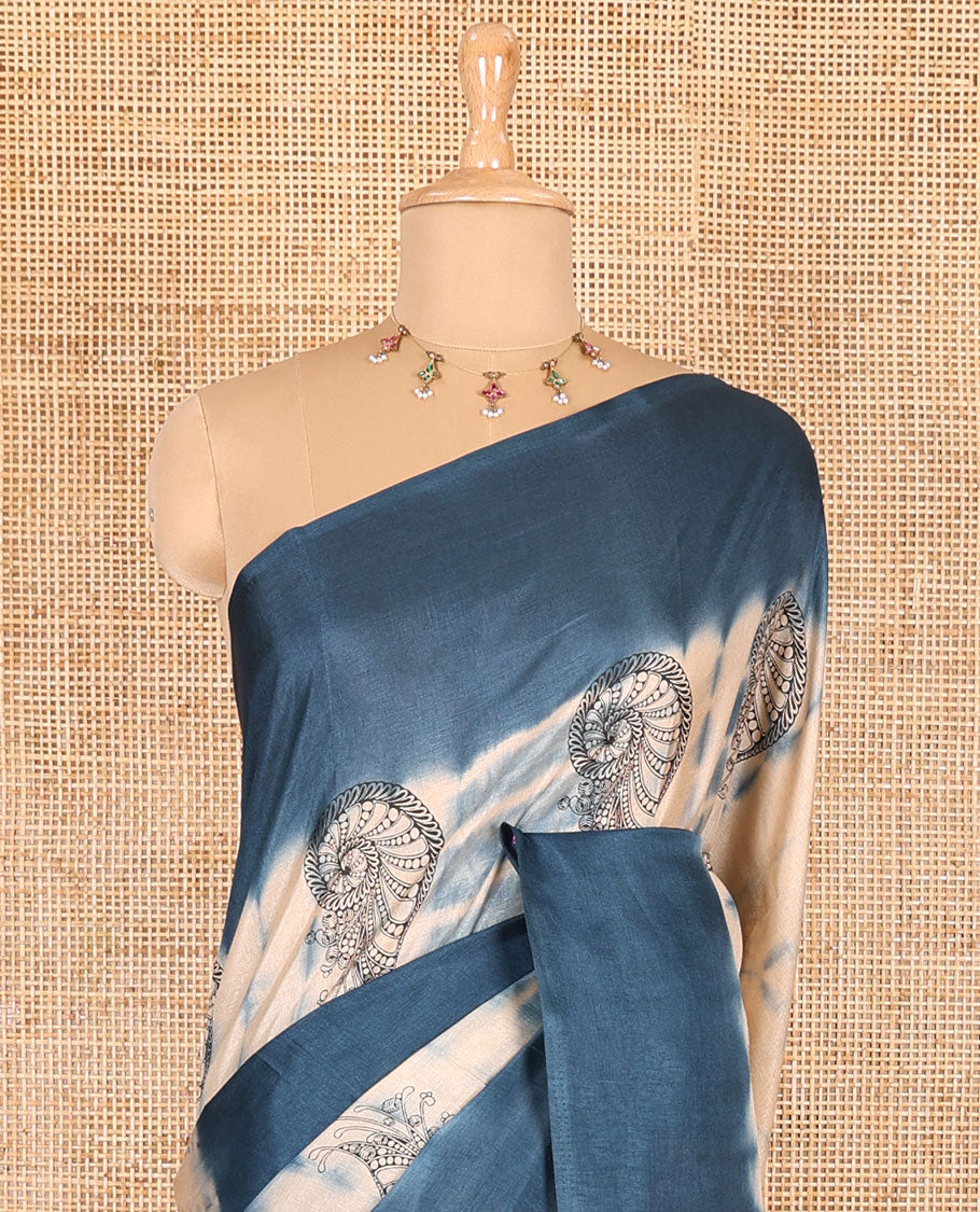 Borderless blue shibori printed with shell motifs, blockprinted Manipur tussar saree, shibori printed pallu, and a plain matching blouse