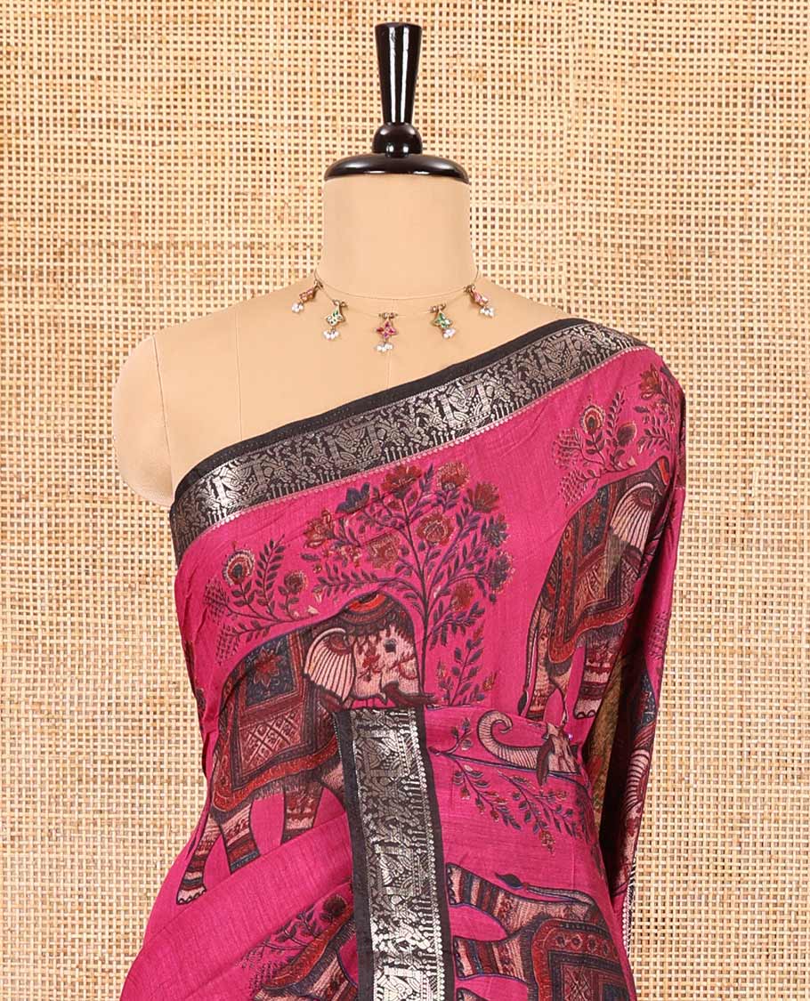 Pink plain muslin cotton saree, contrast wedding-theme of floral and elephant motifs print, printed pallu, and a contrast buttas and zari bordered blouse