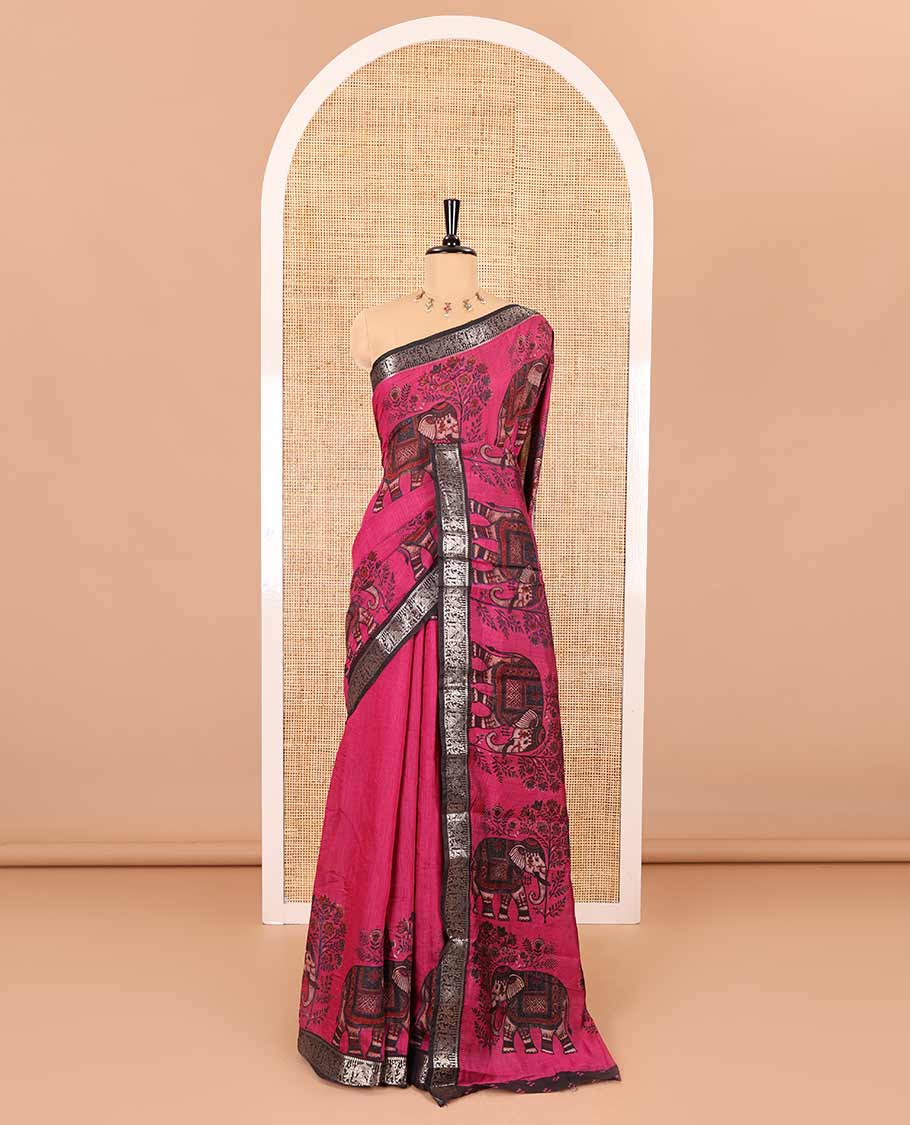 Pink plain muslin cotton saree, contrast wedding-theme of floral and elephant motifs print, printed pallu, and a contrast buttas and zari bordered blouse