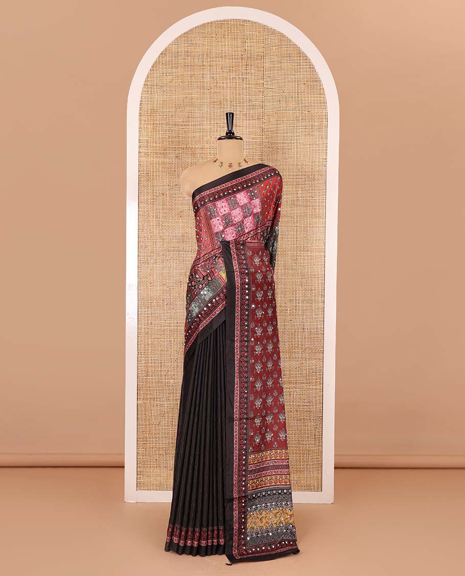 Black geometric printed with mirror work masakali saree, self-border, printed and mirror work pallu, and a matching blouse
