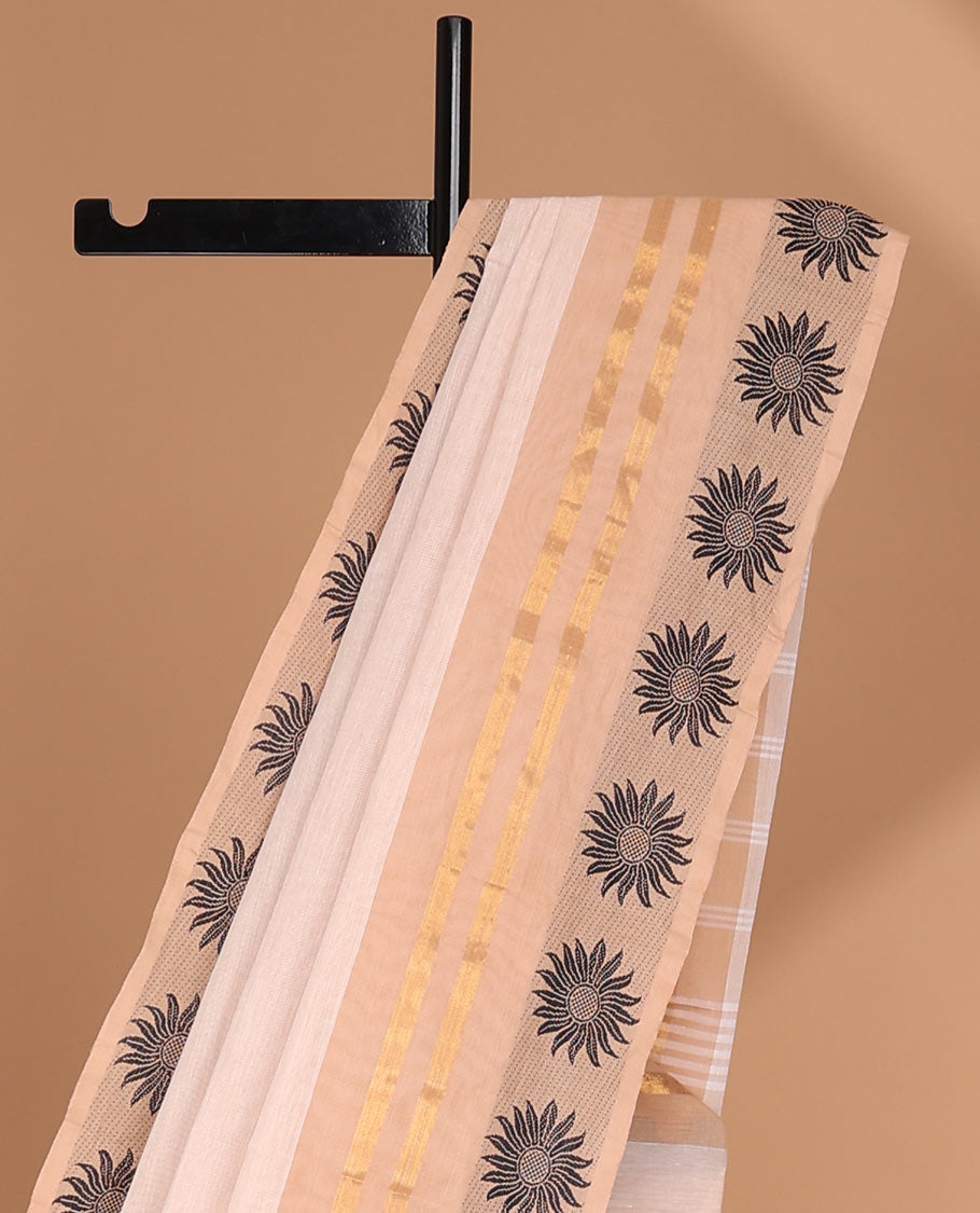 White chettinad cotton saree with sunflower border & jaipur print blouse