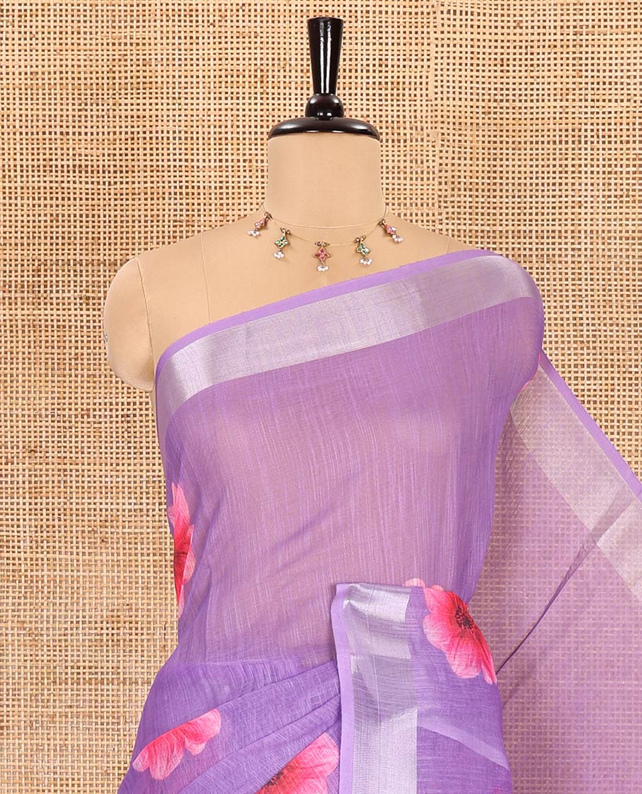 Lavender daisy floral printed linen cotton saree, silver zari bavanji border, daisy floral printed pallu, and a printed blouse
