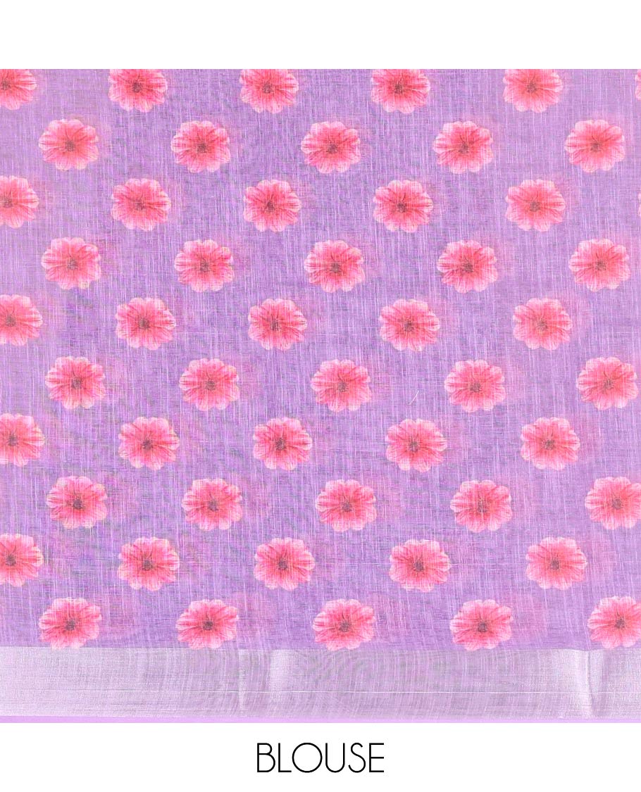 Lavender daisy floral printed linen cotton saree, silver zari bavanji border, daisy floral printed pallu, and a printed blouse