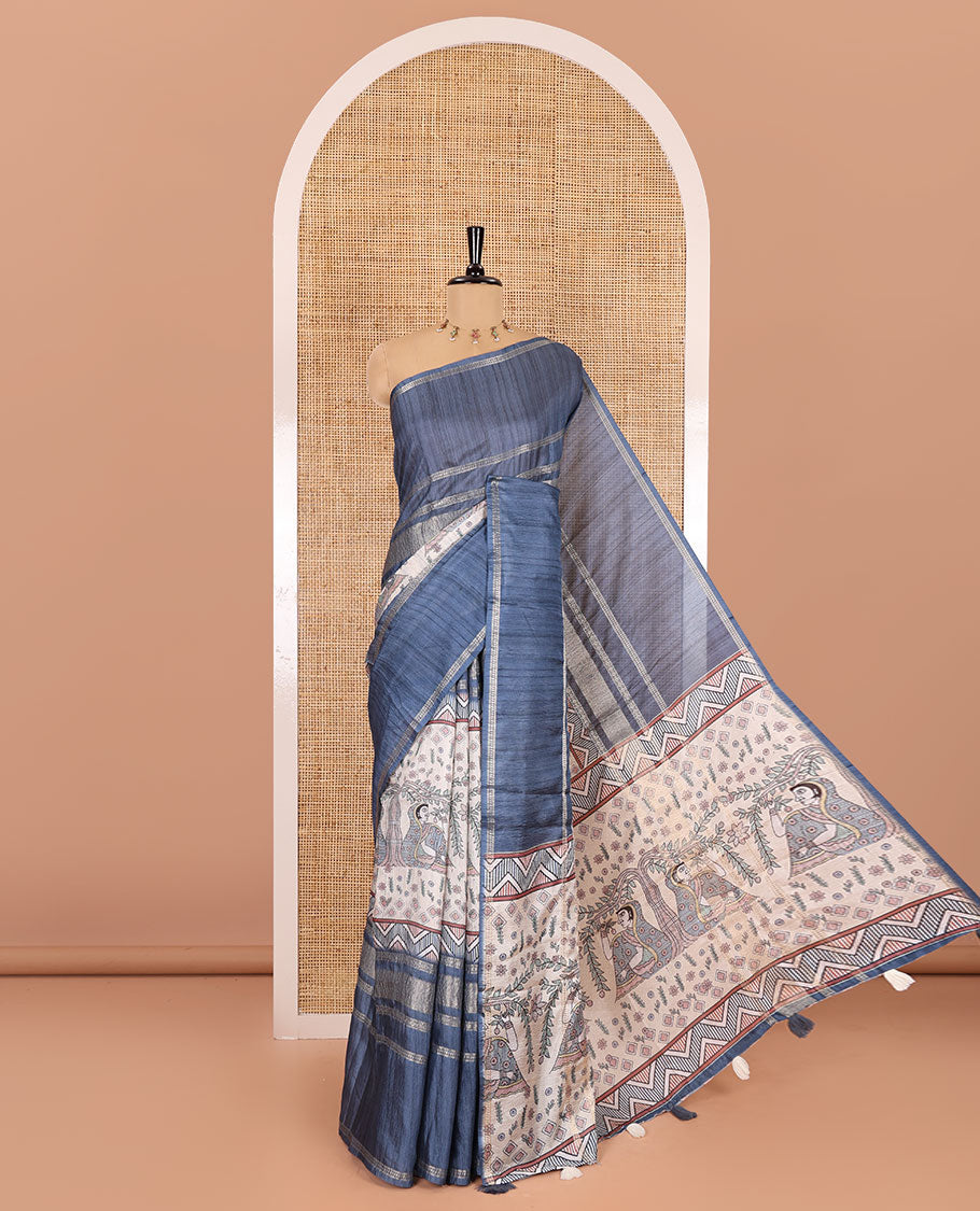 Grey Madhubani village theme printed moss crush saree, double-sided zari border, Madhubani village printed pallu, and a geometric buttas printed blouse