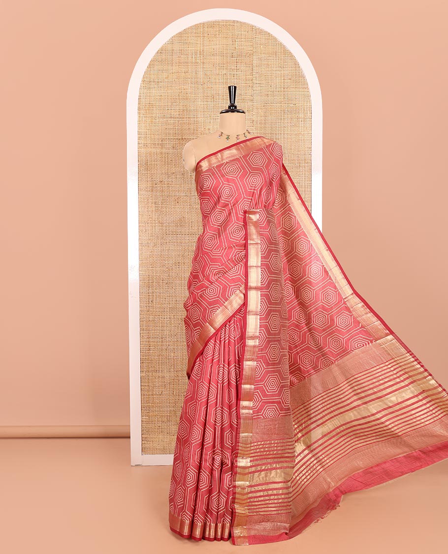 Maroon Semi-Tussar Saree Subtly Sparked with Hexagonal Geometric Patterns Printed All Over Its Body, Featuring Traditional Zari Design Border, Gleaming Zari Striped Pallu, and a Matching Blouse