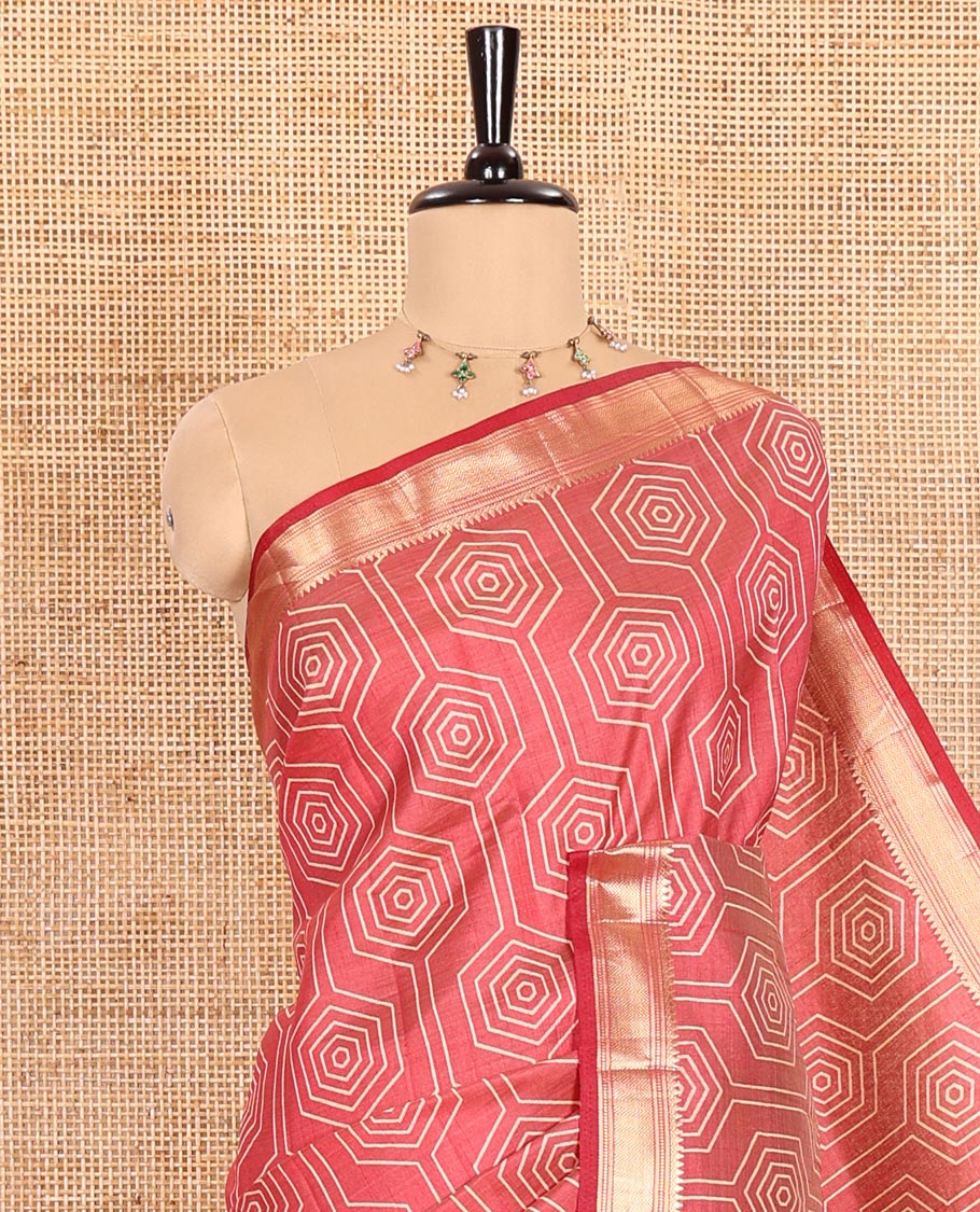 Maroon Semi-Tussar Saree Subtly Sparked with Hexagonal Geometric Patterns Printed All Over Its Body, Featuring Traditional Zari Design Border, Gleaming Zari Striped Pallu, and a Matching Blouse