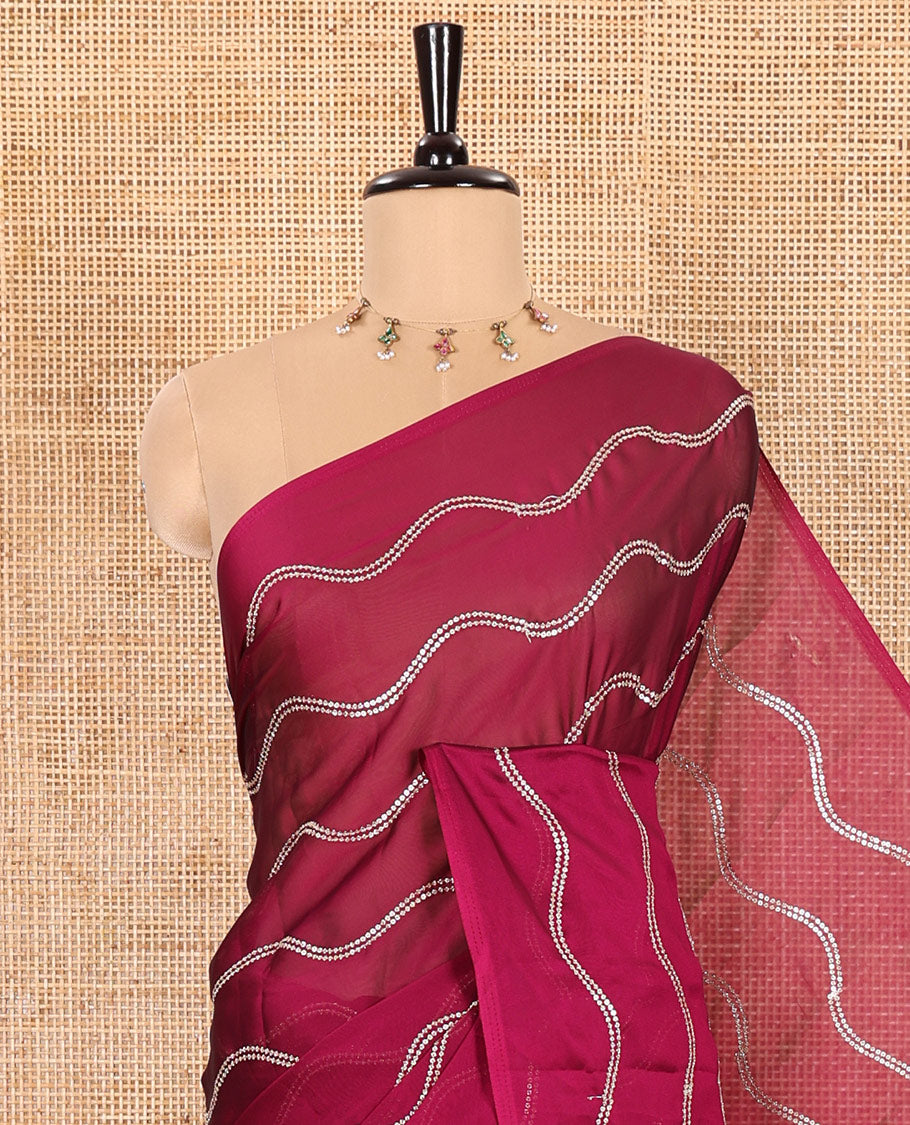 Borderless Purple Rangoli Chiffon Saree Featuring Sequins-Embroidered Zig-Zag Stripes Woven Across Its Body and Pallu, Comes Without a Blouse