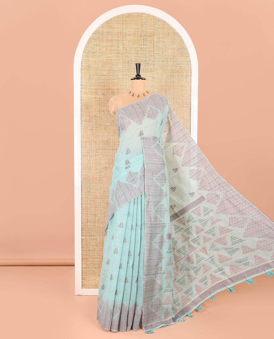 Rama Munga Cotton Subtly Sparkled with Geometric Patterns in Thread Kantha Embroidery, Complemented with a Diamond-Patterned Kantha Embroidery Border, and Paired with a Matching Blouse